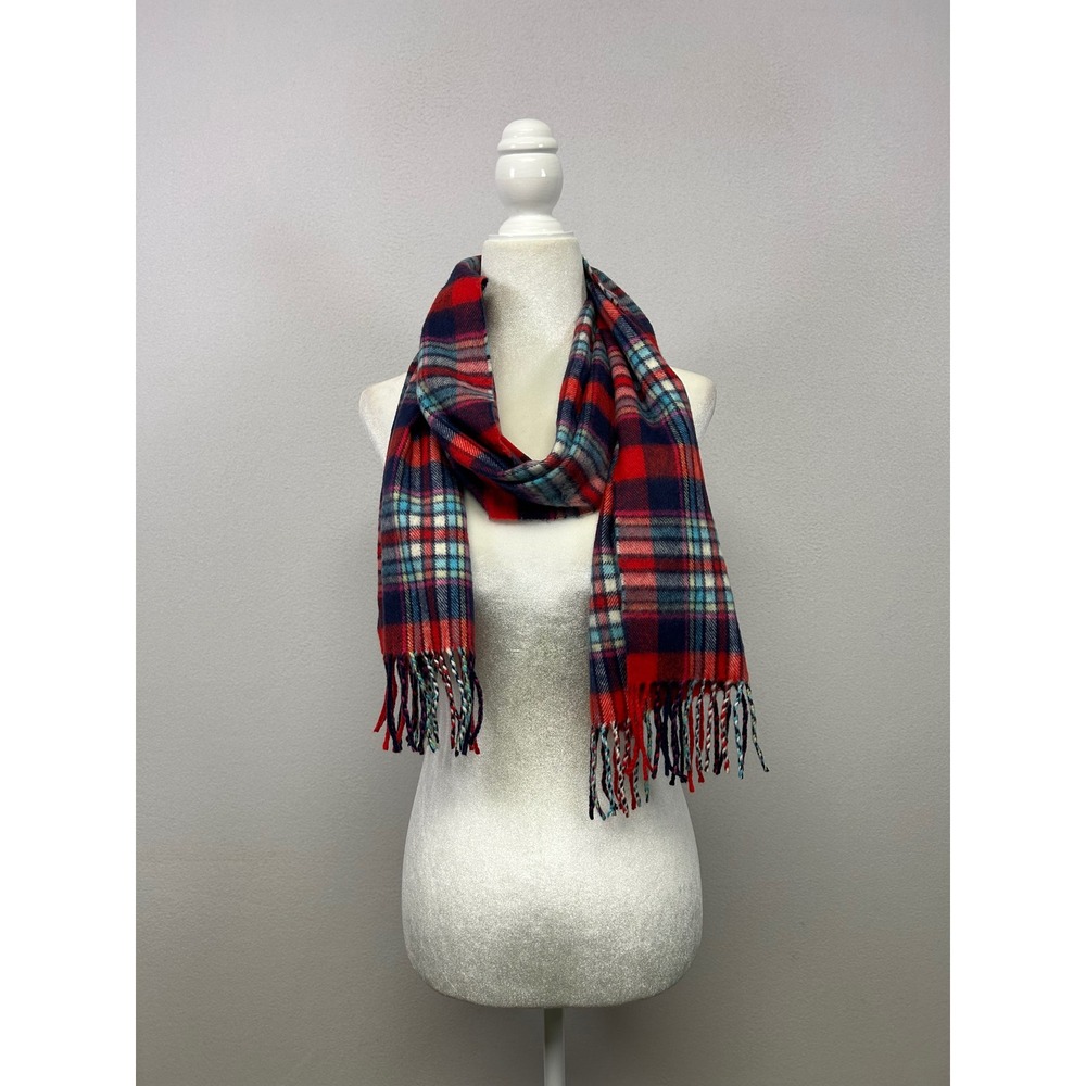 Classic Tartan Scottish Cashmere Unisex OS Red Blue Plaid Fringed Winter Scarf
